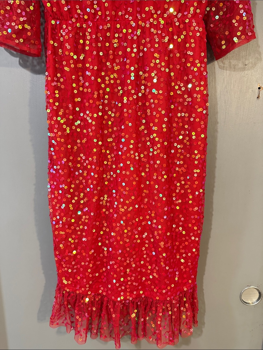 ASOS Red Sequin Midi Dress Size 6 Holiday Party Cocktail Wrap Style - Picture 10 of 10